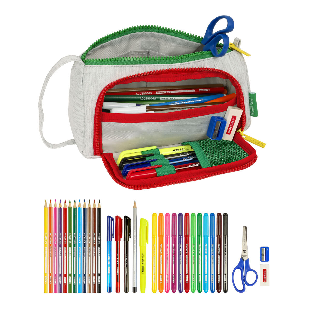 School Case with Accessories Benetton Pop Grey 20 x 11 x 8.5 cm (32 Pieces)-2