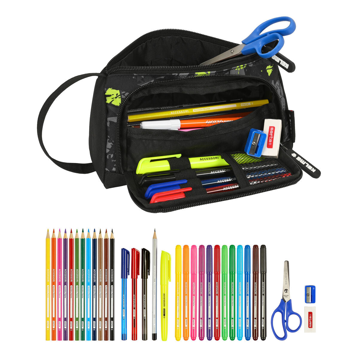 School Case with Accessories Kelme Jungle Black Grey Lime 20 x 11 x 8.5 cm (32 Pieces)-1
