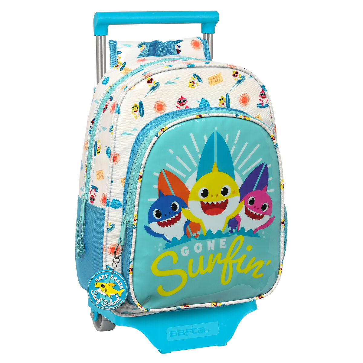 School Rucksack with Wheels Baby Shark Surfing Blue White 26 x 34 x 11 cm-0