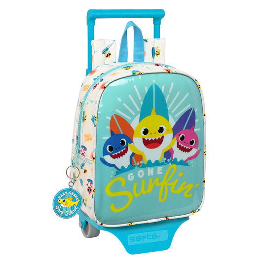School Rucksack with Wheels Baby Shark Surfing Blue White 22 x 27 x 10 cm-0
