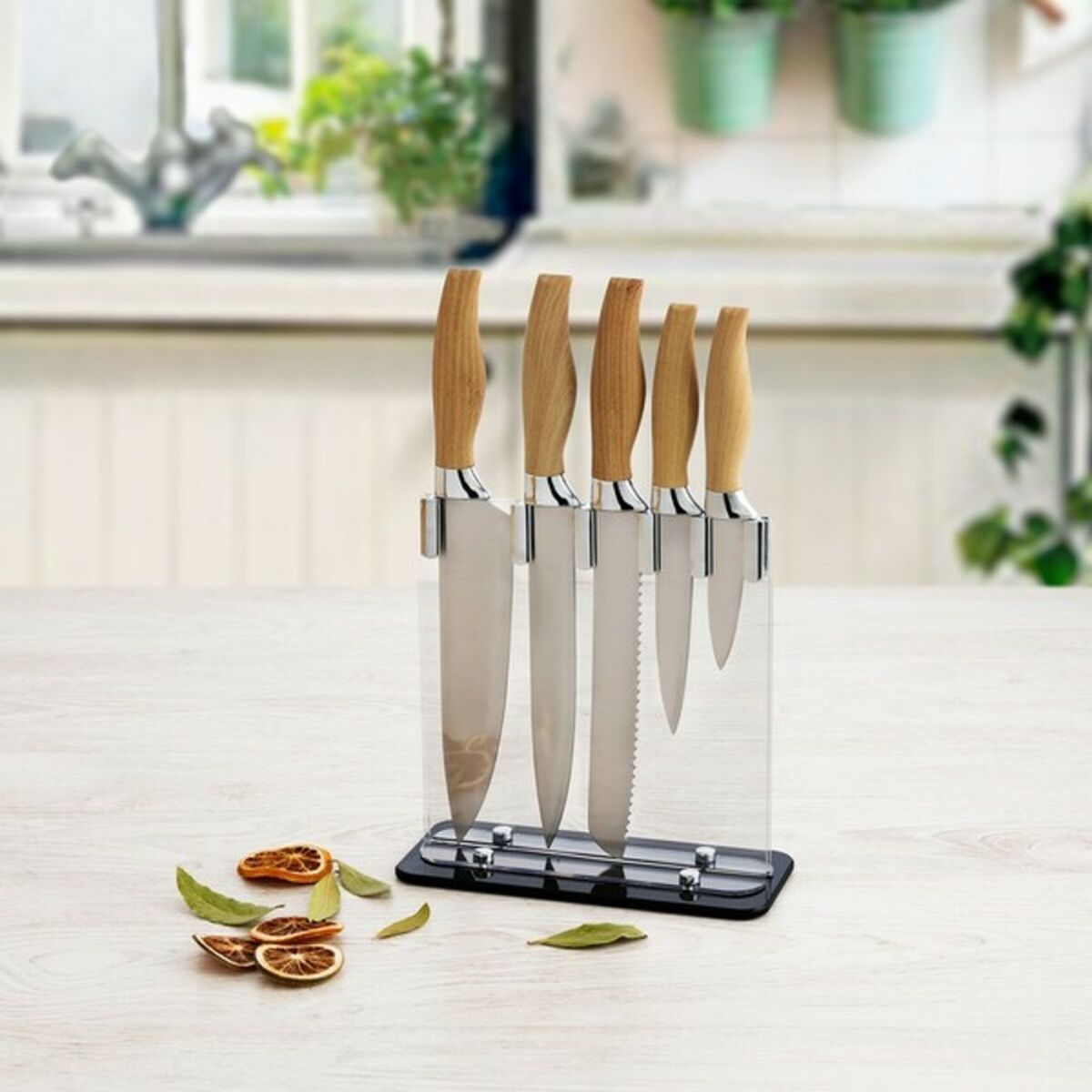 Set of Kitchen Knives and Stand Quid Baobab (5 pcs) Brown Metal-1